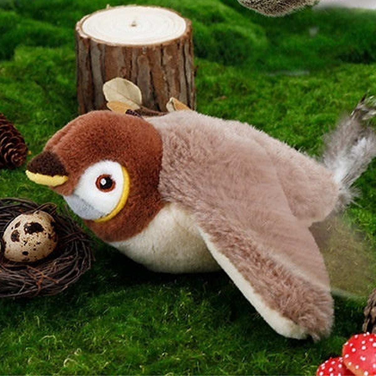 Sparrow flapping bird cat toy on moss beside a tree stump, realistic prey look for Mugi-style ambushes