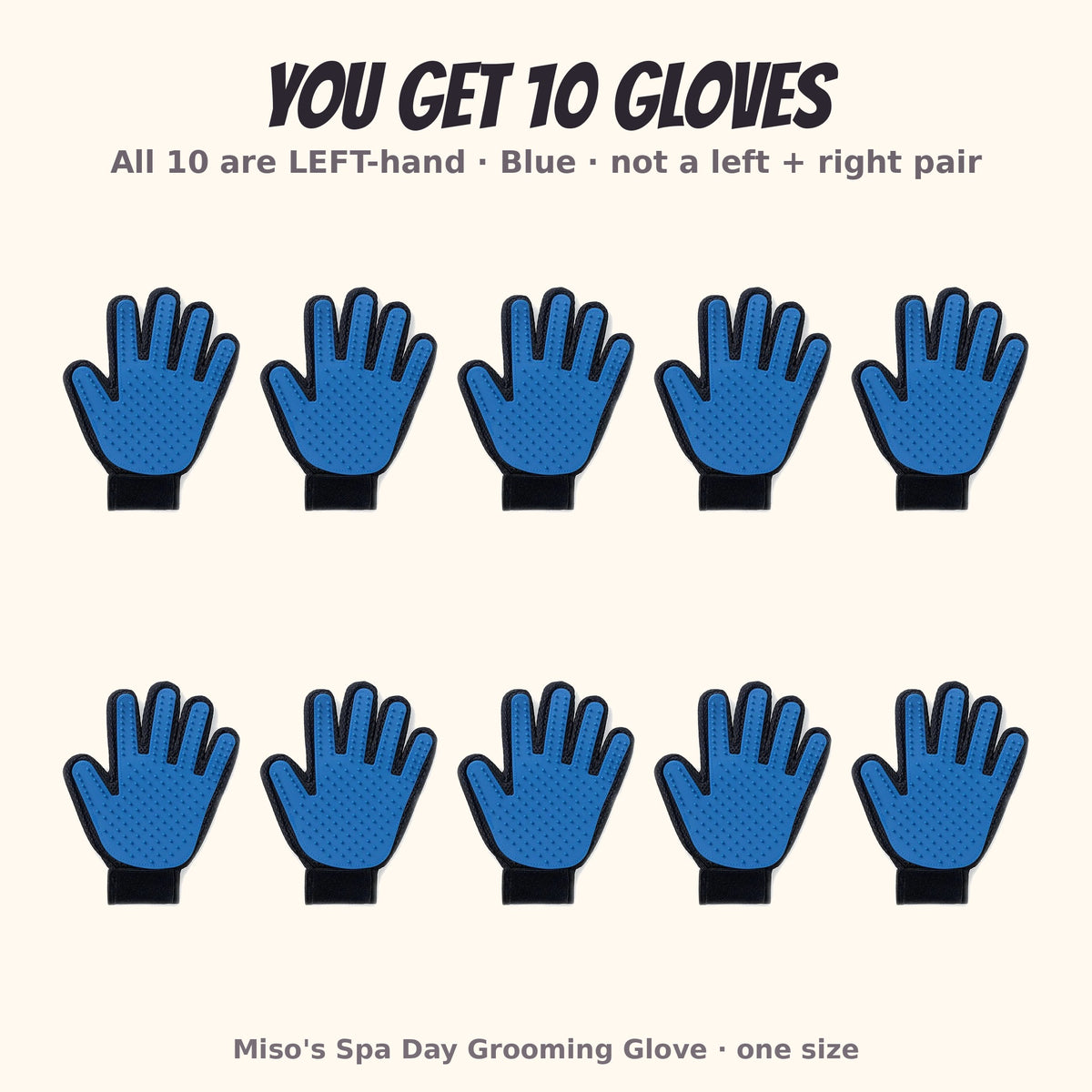 Miso's Spa Day Grooming Glove, 10-pack: 10 left-hand gloves in blue