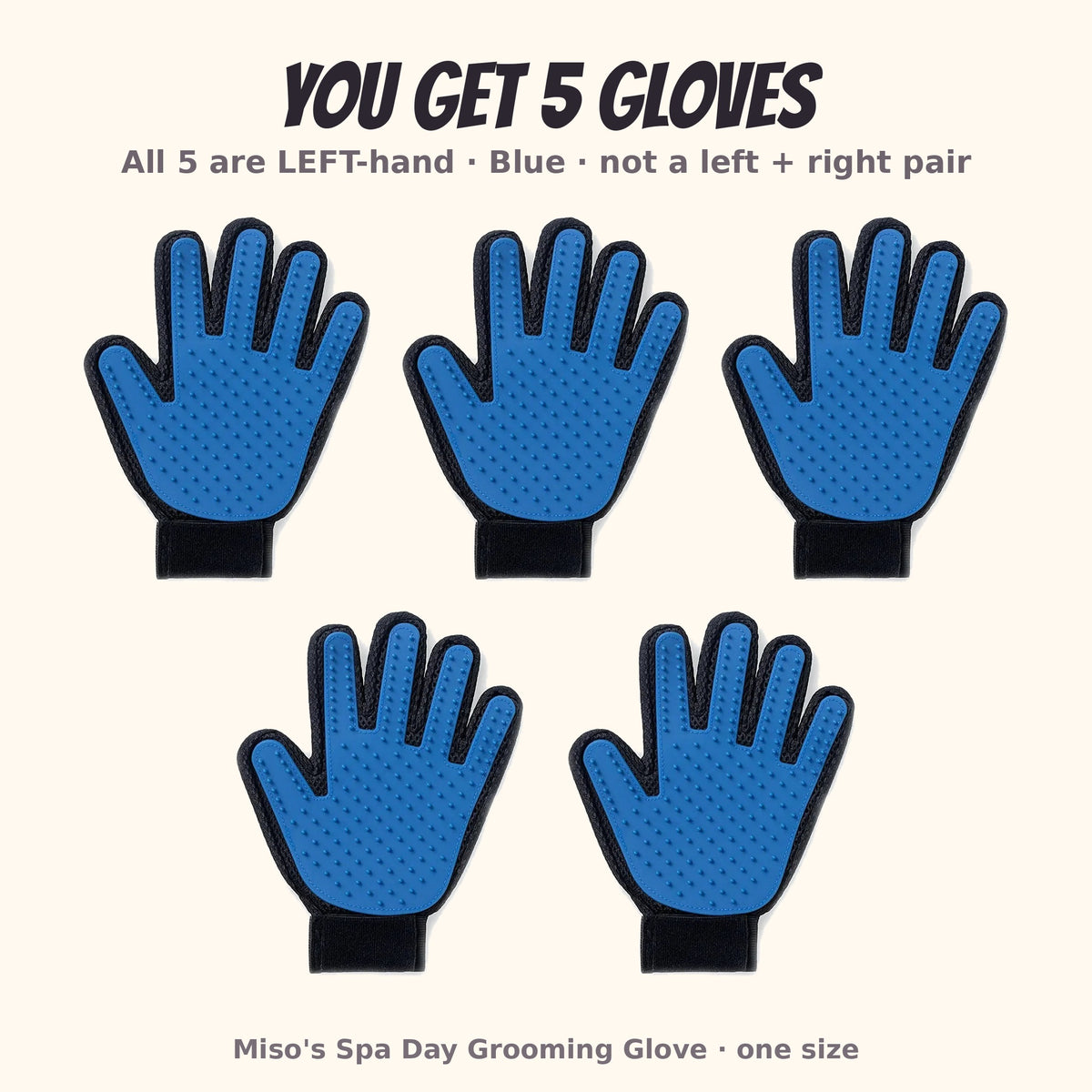 Miso's Spa Day Grooming Glove, 5-pack: 5 left-hand gloves in blue