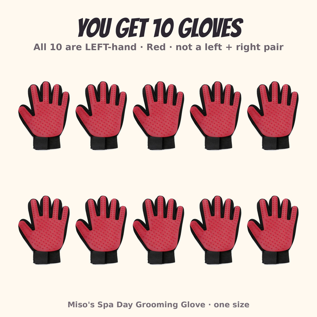 Miso's Spa Day Grooming Glove, 10-pack: 10 left-hand gloves in red