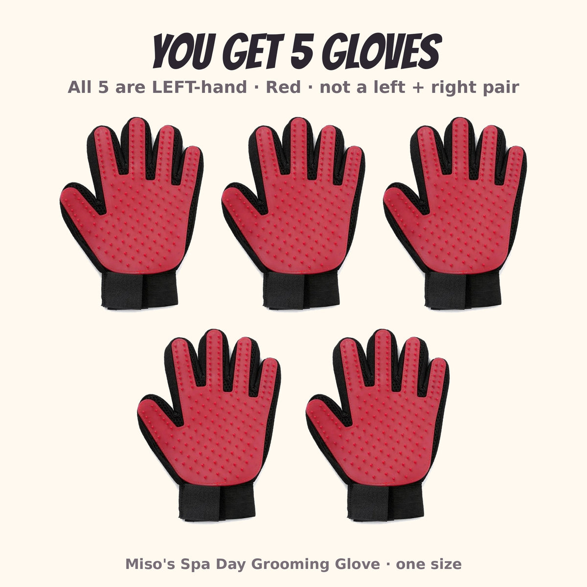 Miso's Spa Day Grooming Glove, 5-pack: 5 left-hand gloves in red