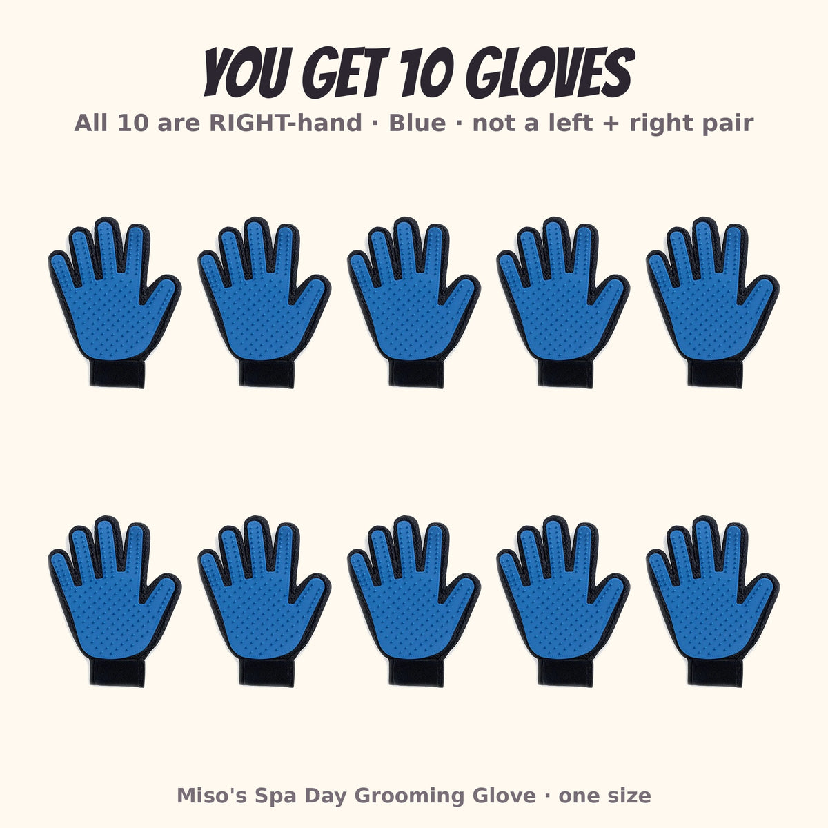 Miso's Spa Day Grooming Glove, 10-pack: 10 right-hand gloves in blue