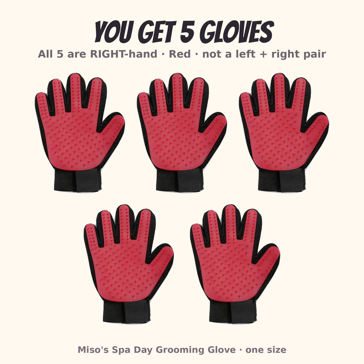 Miso's Spa Day Grooming Glove, 5-pack: 5 right-hand gloves in red