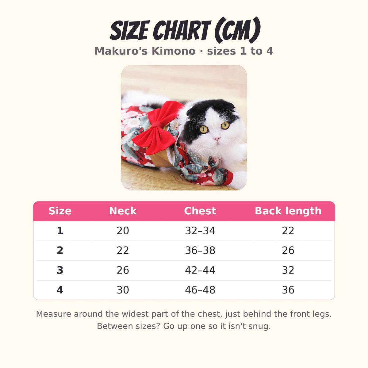 Makuro's Kimono size chart: neck, chest and back length for sizes 1 to 4