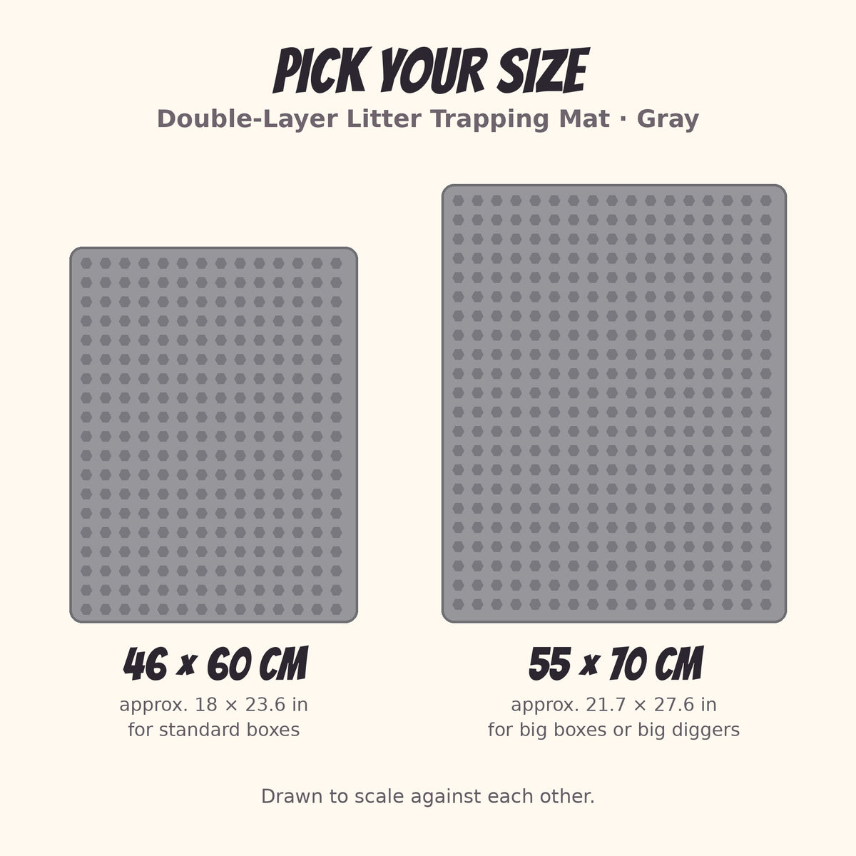 Litter trapping mat sizes: 46 x 60 cm and 55 x 70 cm, drawn to scale