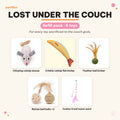 Lost Under the Couch Refill Pack: chirping catnip mouse, crinkle catnip fish kicker, feather ball kicker, 2 rattan feather bell balls and feather and bell teaser wand