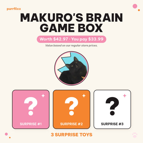 Makuro's Brain Game Box: Makuro the black cat with 3 surprise toy question-mark tiles. Worth $42.97, you pay $33.99