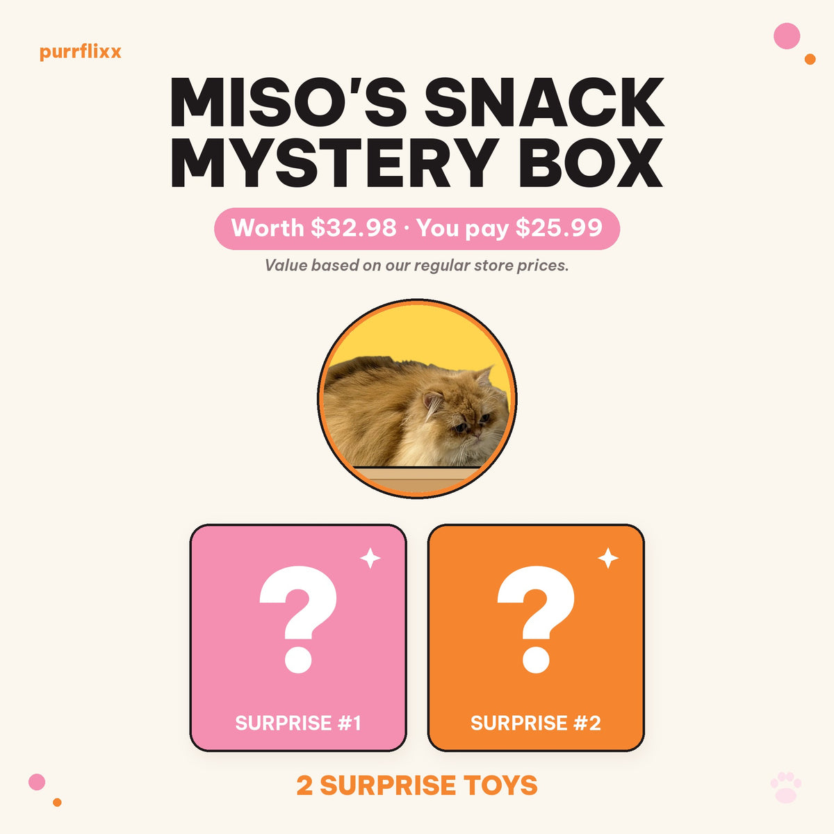 Miso's Snack Mystery Box: Miso the ginger cat with 2 surprise toy question-mark tiles. Worth $32.98, you pay $25.99