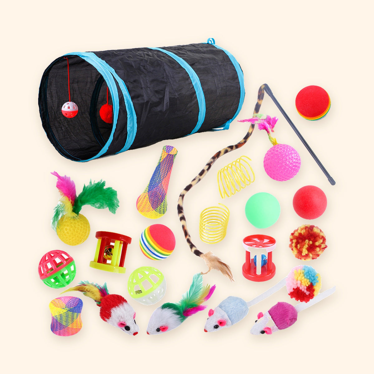 Mugi's Tunnel Chaos: 22 Cat Toys + Tunnel Bundle on cream background