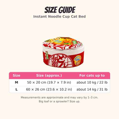 Instant Noodle Cup Cat Bed size guide: M 50 x 20 cm, L 60 x 26 cm