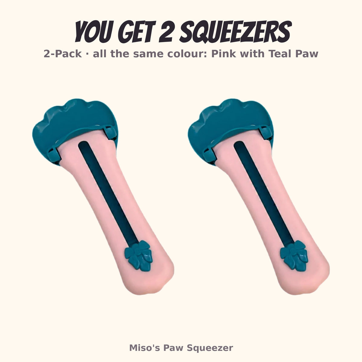Miso's Paw Squeezer, pink with teal paw, 2-pack: 2 squeezers