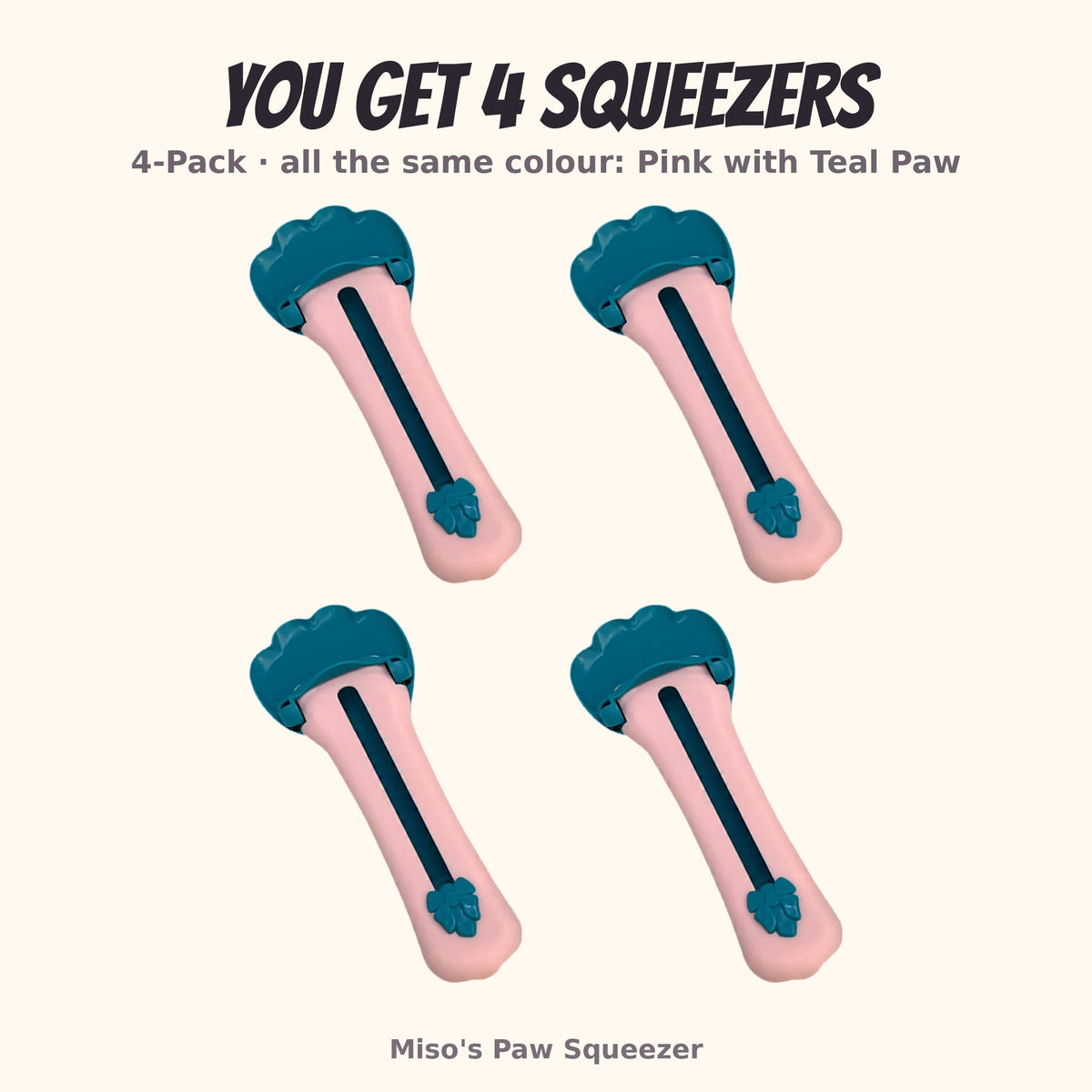 Miso's Paw Squeezer, pink with teal paw, 4-pack: 4 squeezers