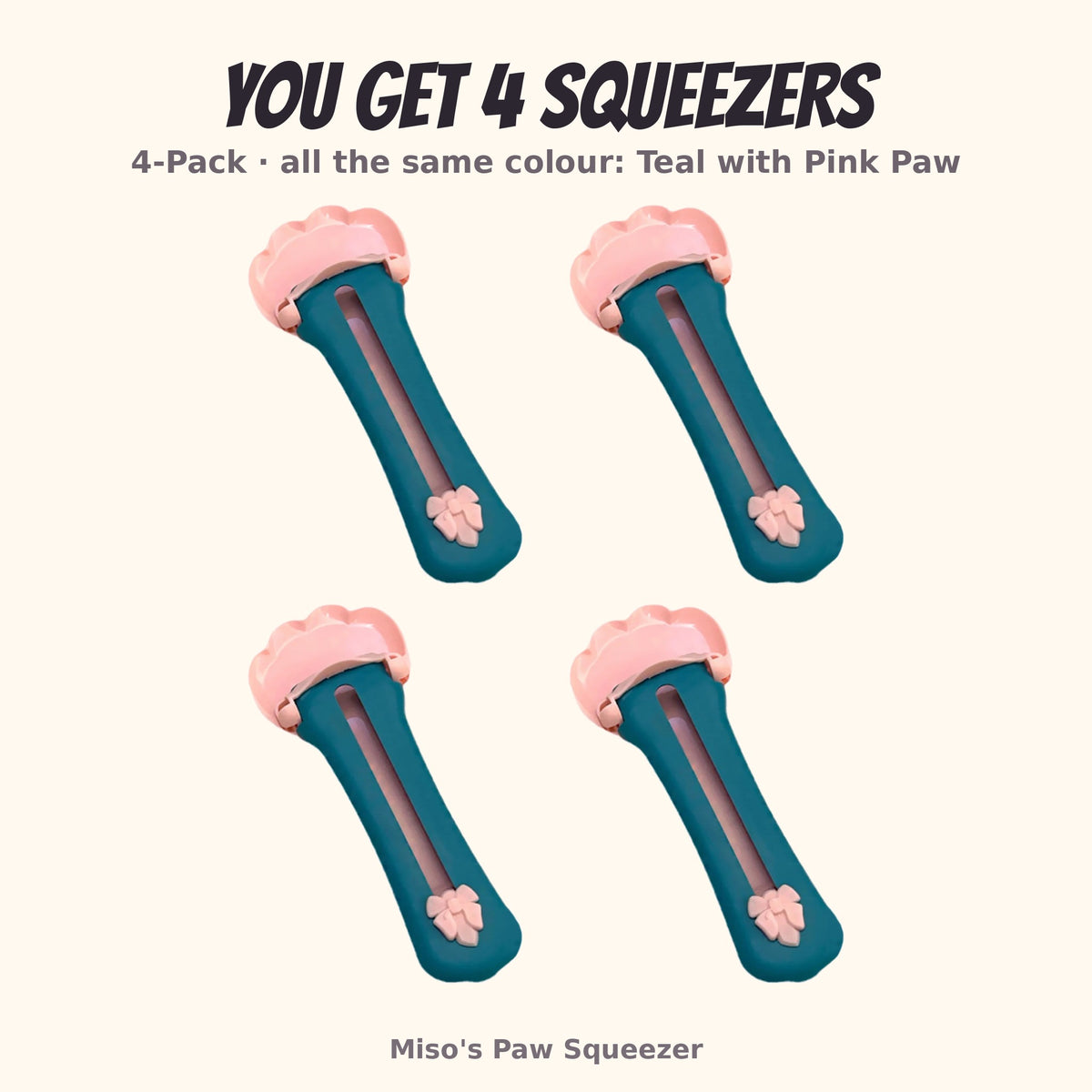 Miso's Paw Squeezer, teal with pink paw, 4-pack: 4 squeezers