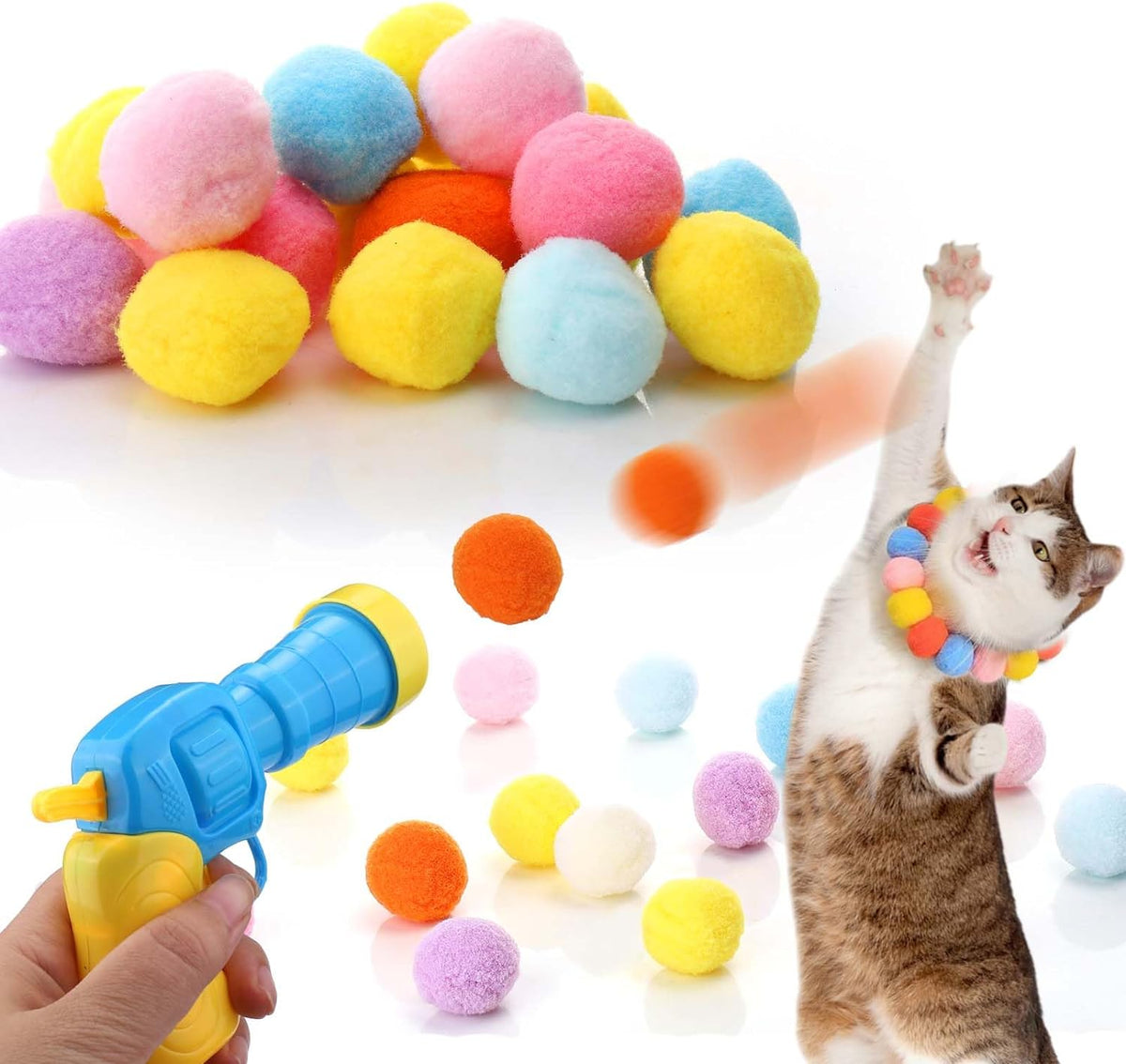Hand firing the pom-pom launcher cat toy while a cat leaps for a flying pom-pom