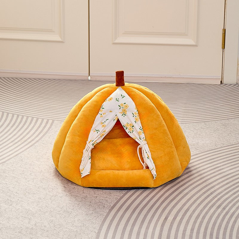 Miso's Pumpkin Nap Pod: orange plush pumpkin cat cave with floral curtain door