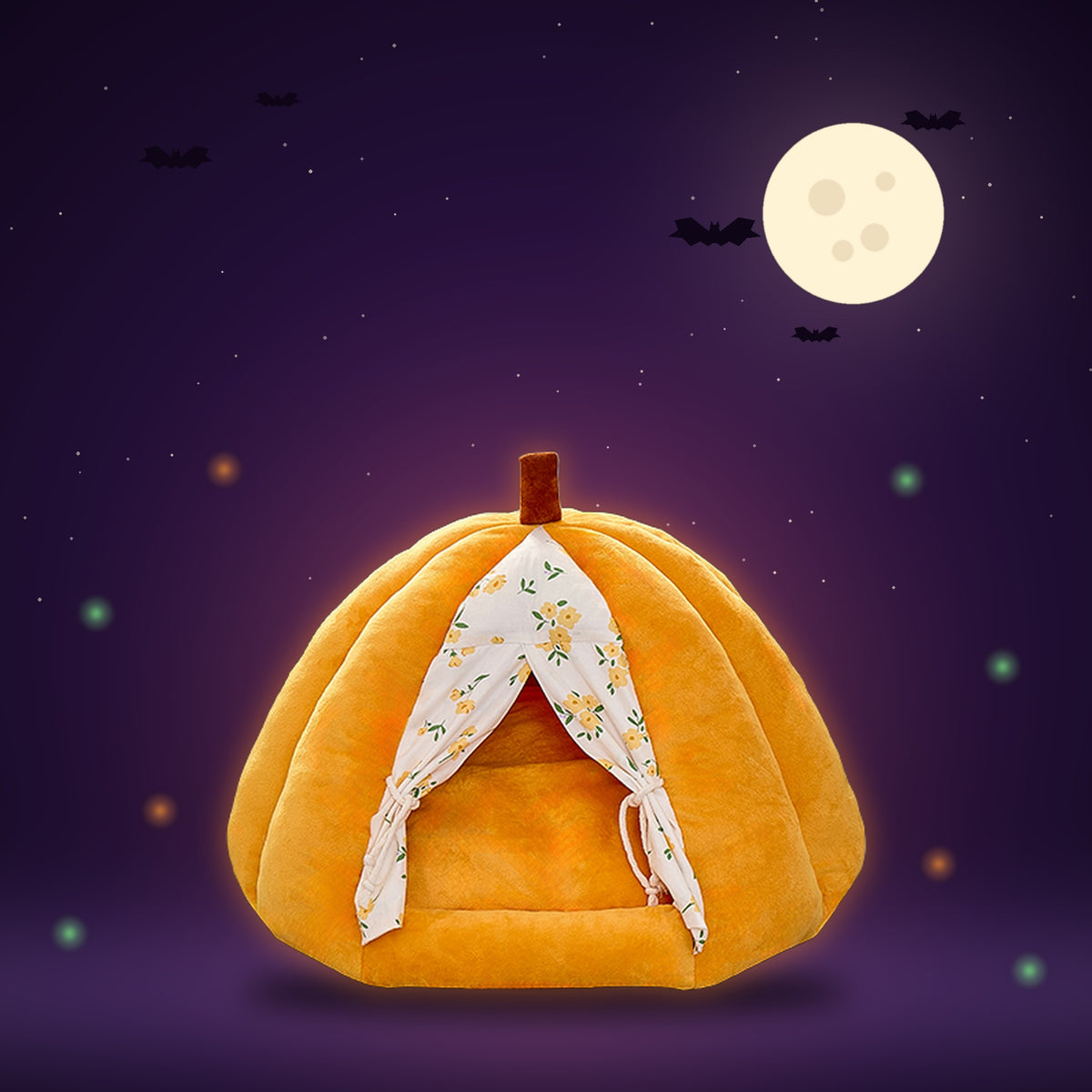 Miso's Pumpkin Nap Pod glowing on a spooky moonlit night with bats