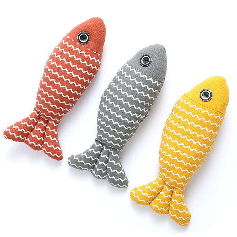 Mugi's catnip fish kickers 3-pack: rust red, gray and yellow zigzag fish toys on white