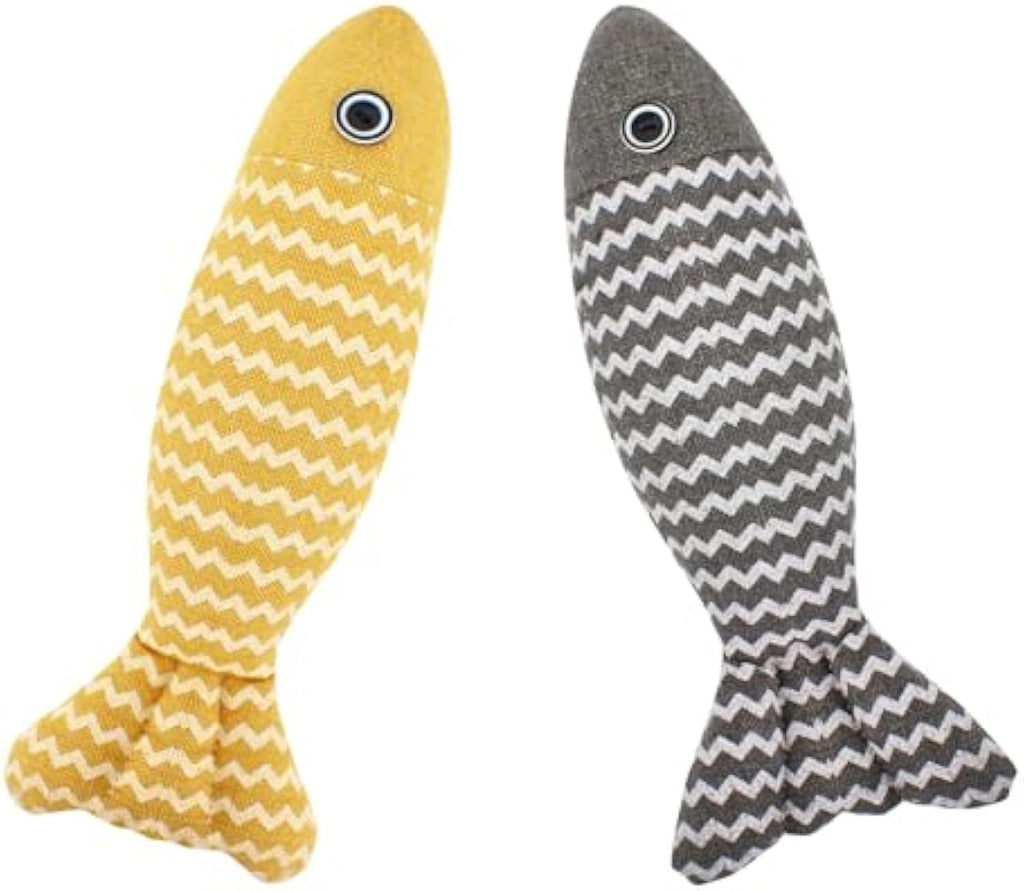 Yellow and gray catnip fish kicker toys with woven zigzag fabric, Mugi-style bunny-kick size