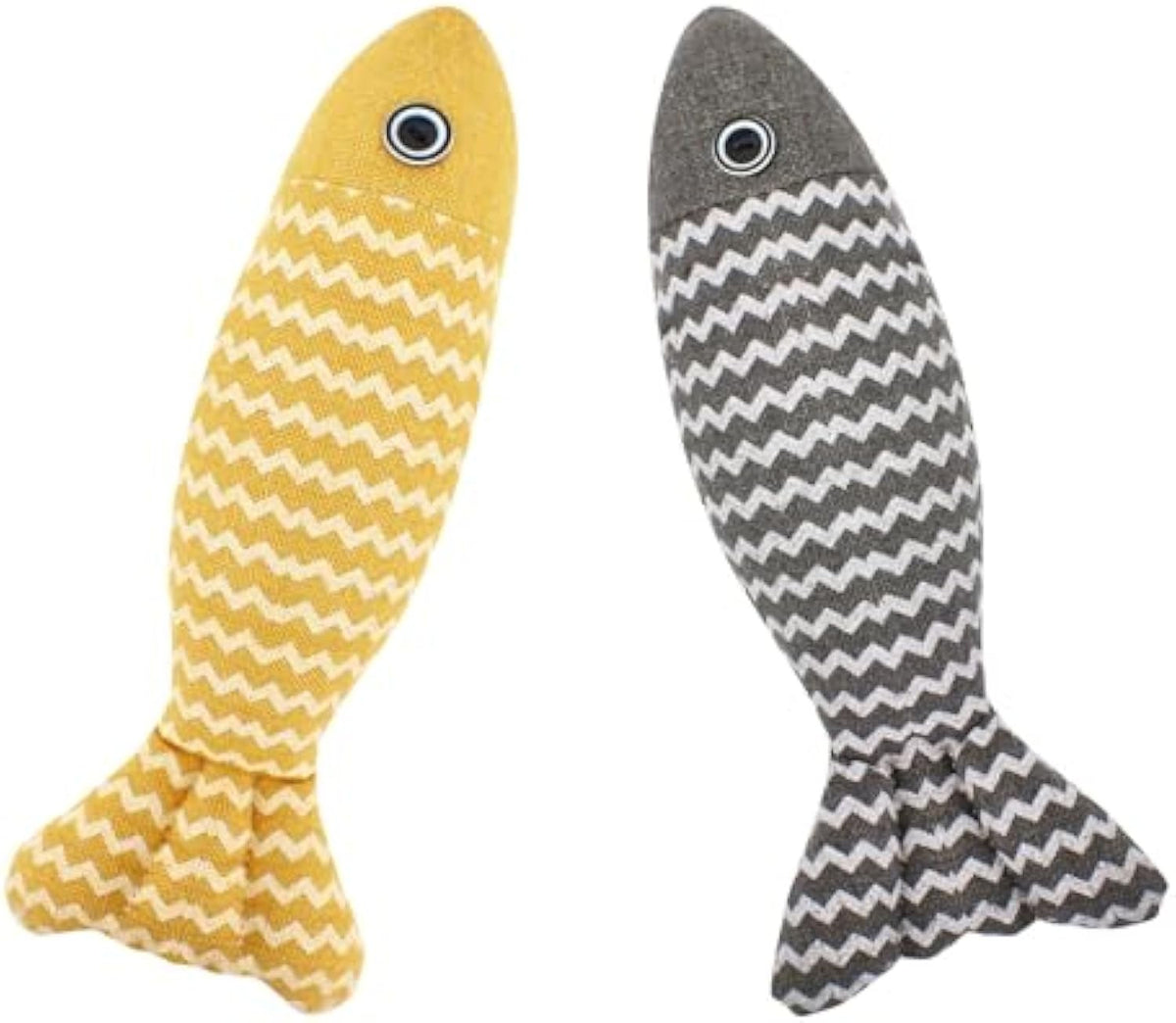Yellow and gray catnip fish kicker toys with woven zigzag fabric, Mugi-style bunny-kick size