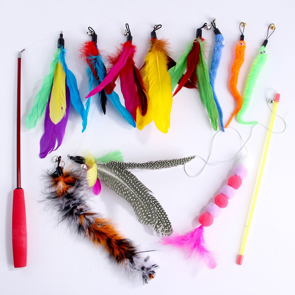 Mugi's Destroyer Pack 12-piece feather wand cat toy set: telescopic wand, stick wand, feathers, fuzzy worms and furry tail