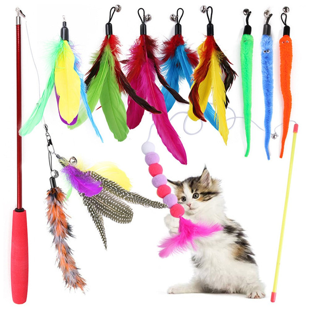 Kitten batting the pom-pom string from the 12-piece feather wand cat toy set