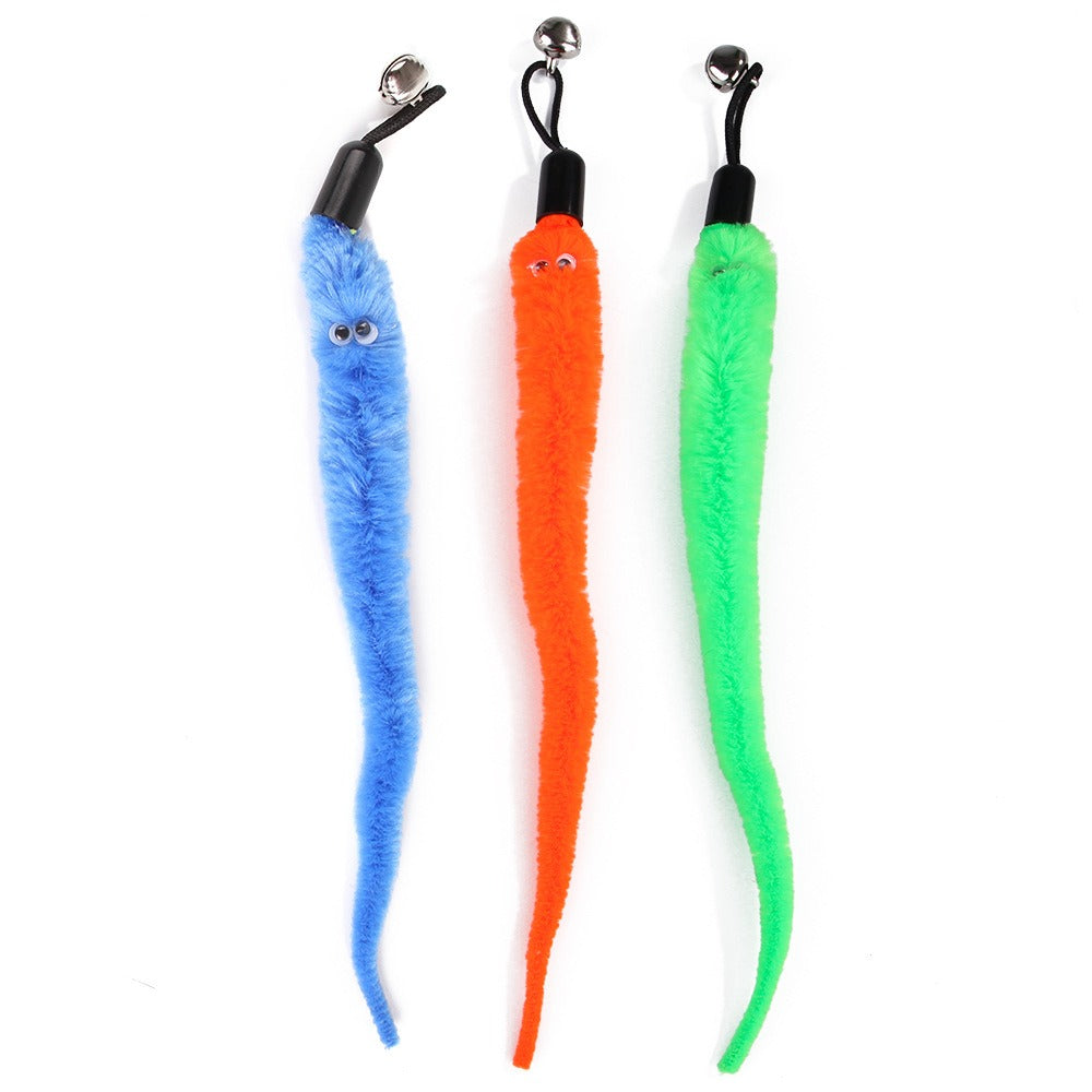 Blue, orange and green fuzzy worm wand heads with bells from Mugi's Destroyer Pack
