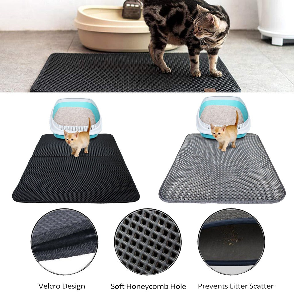 Litter trapping mat features: honeycomb holes and double layer that stop litter scatter