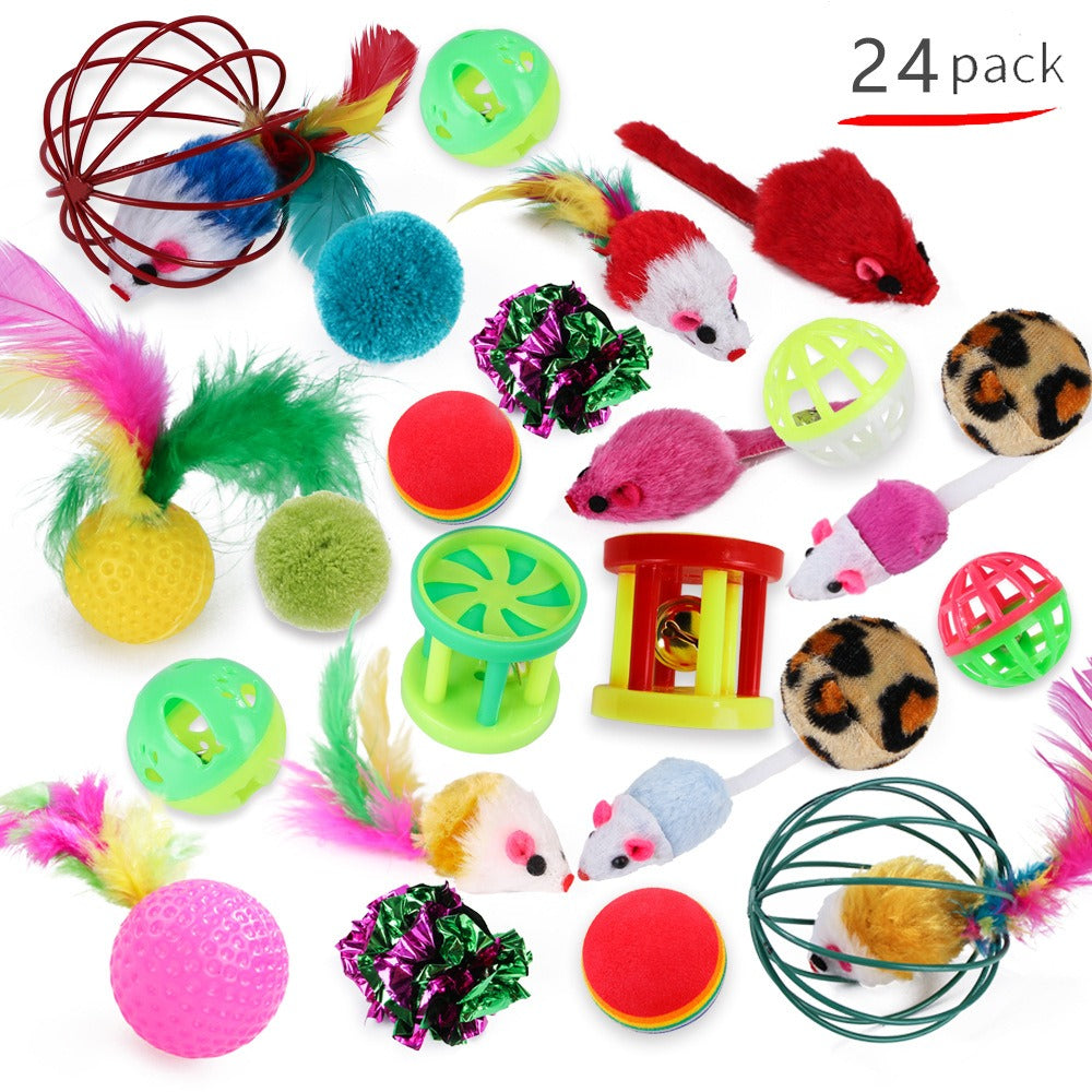 Mega Destroyer 24-piece cat toy variety pack: mice, cage balls, bell balls, crinkle balls and pom-poms