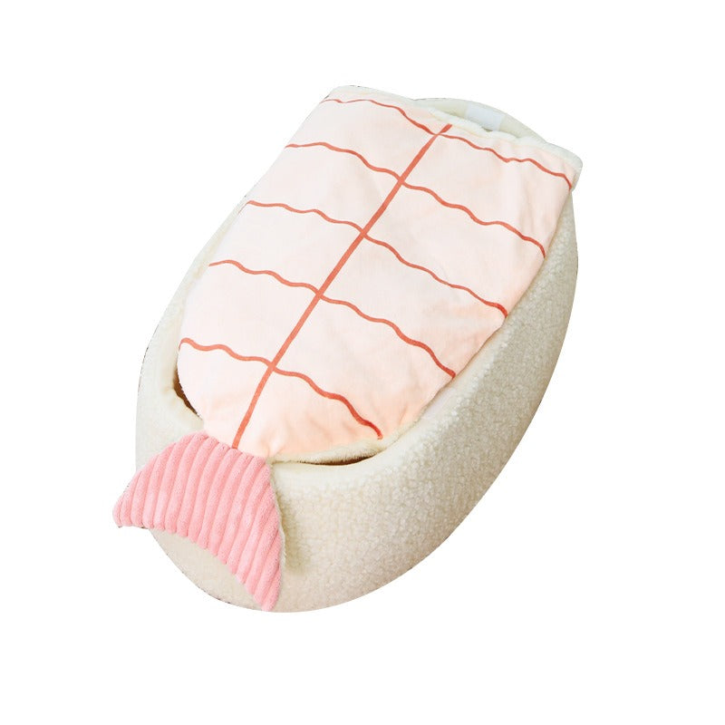 Ebi sushi cat bed with pink shrimp blanket on a plush cream rice base
