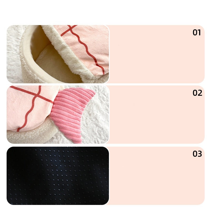 Close-up of the sushi cat bed: plush rim, ribbed shrimp tail and soft base