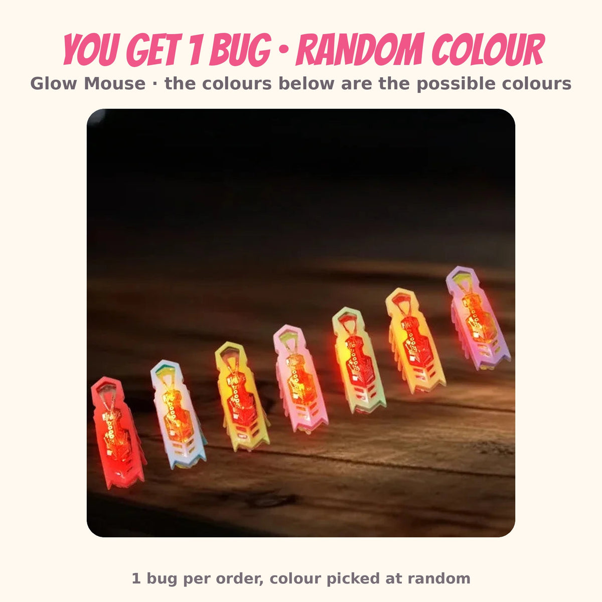 Makuro's Robo-Bug Hunt, Glow Mouse: 1 bug per order, possible colours shown