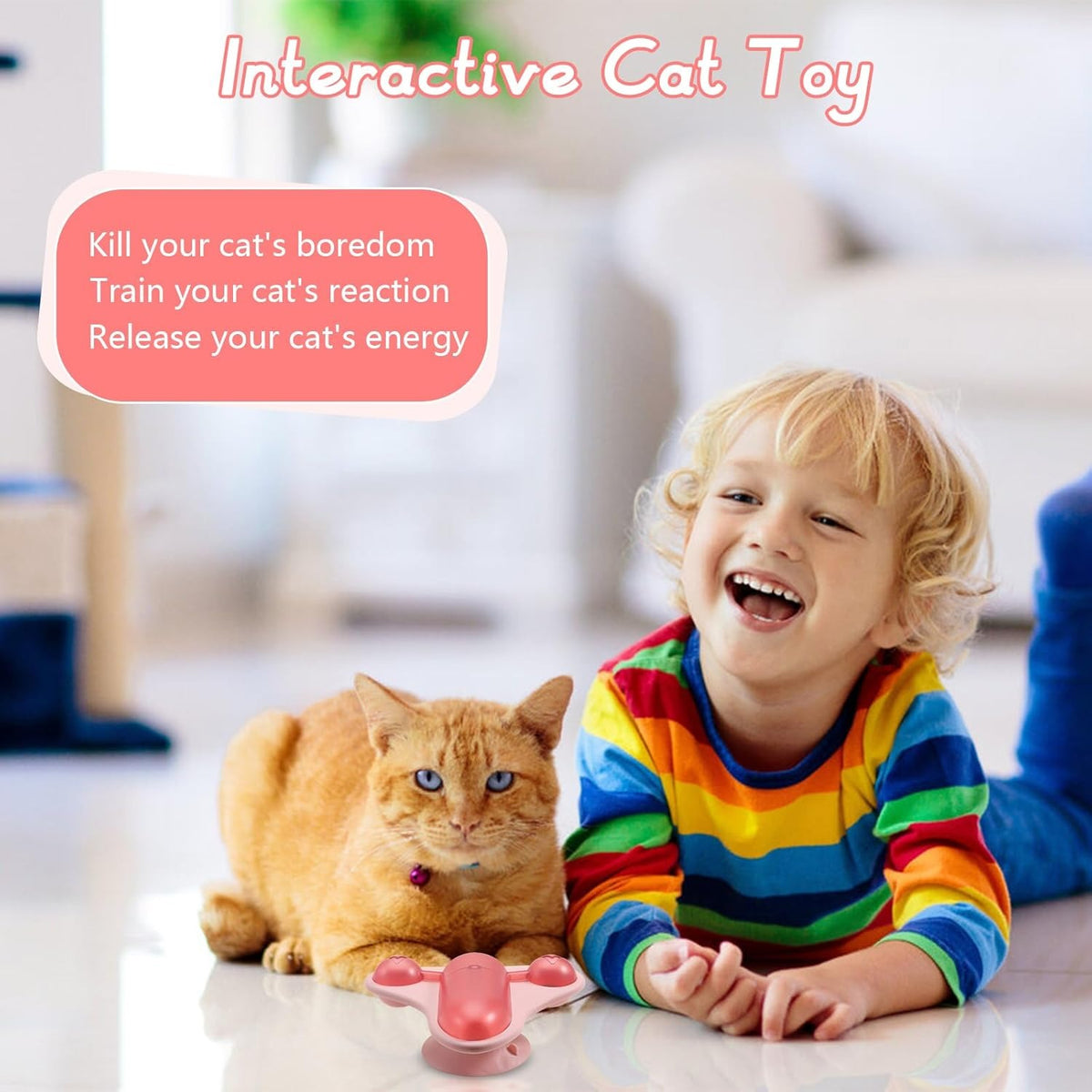 Orange cat and a child on the floor with the pink snack spinner