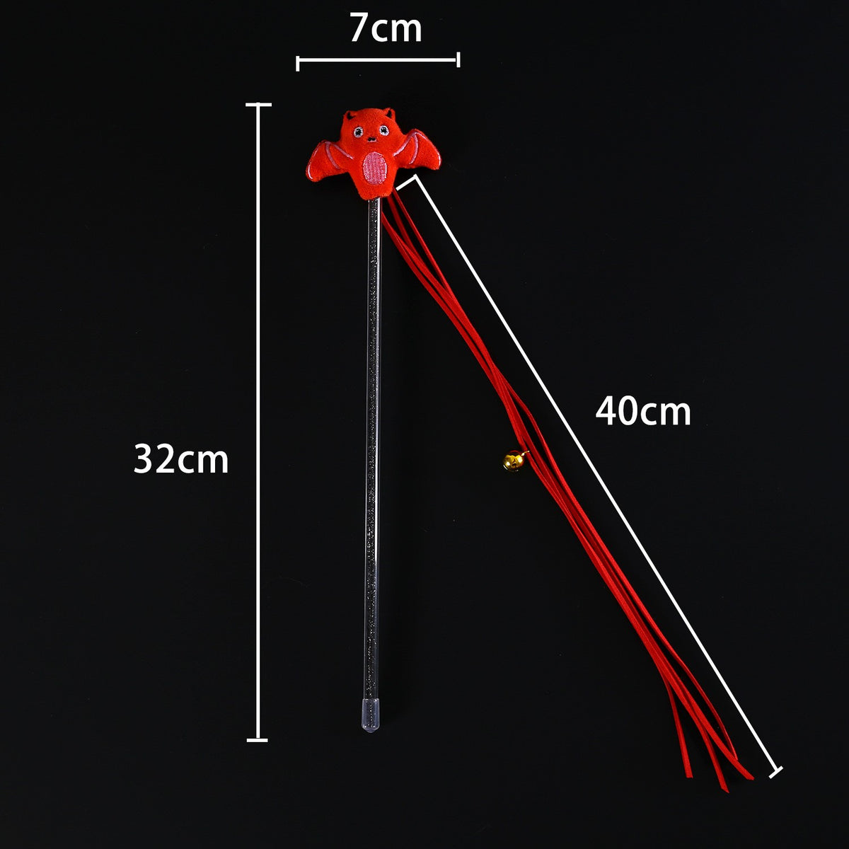 Red bat teaser wand: 32 cm wand, 40 cm tassels, 7 cm plush head