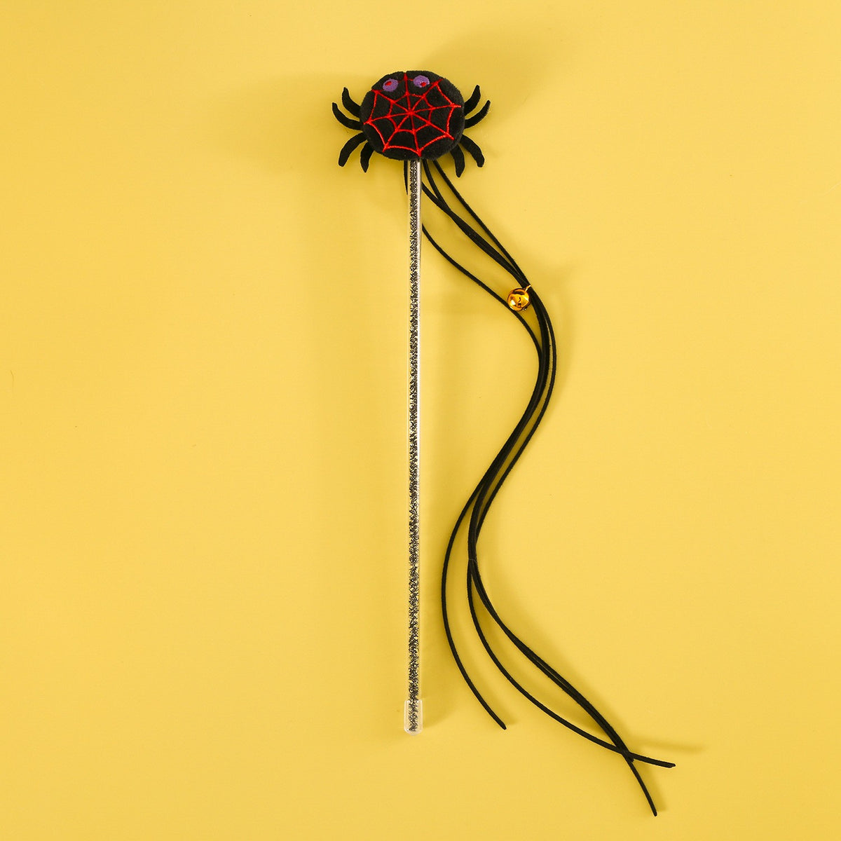 Black spider teaser wand with black tassels and a bell