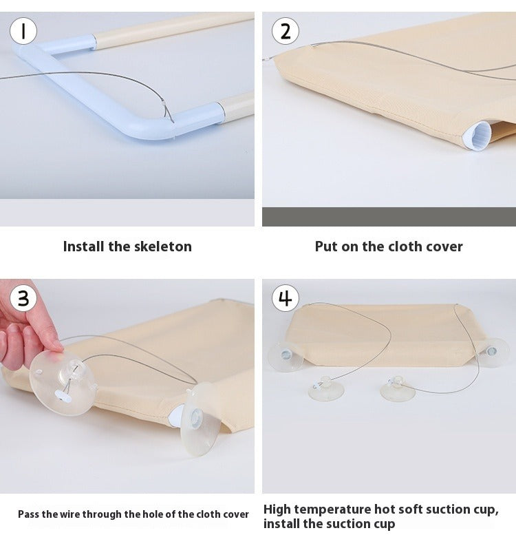 Window hammock assembly in 4 steps: frame, cloth cover, steel wire, suction cups
