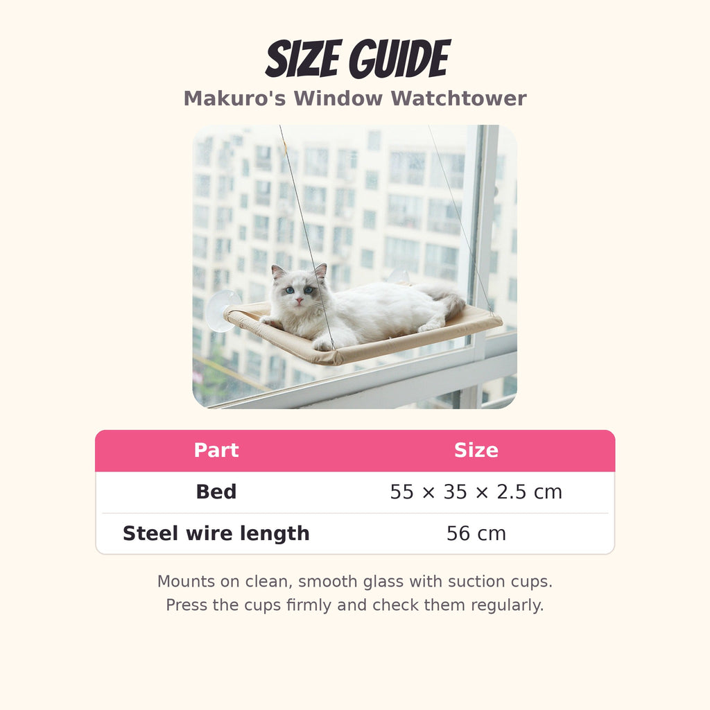 Makuro's Window Watchtower size guide: bed 55 x 35 x 2.5 cm, wire 56 cm
