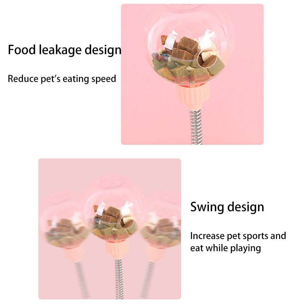 Close-ups of the clear treat ball and its swinging spring stem