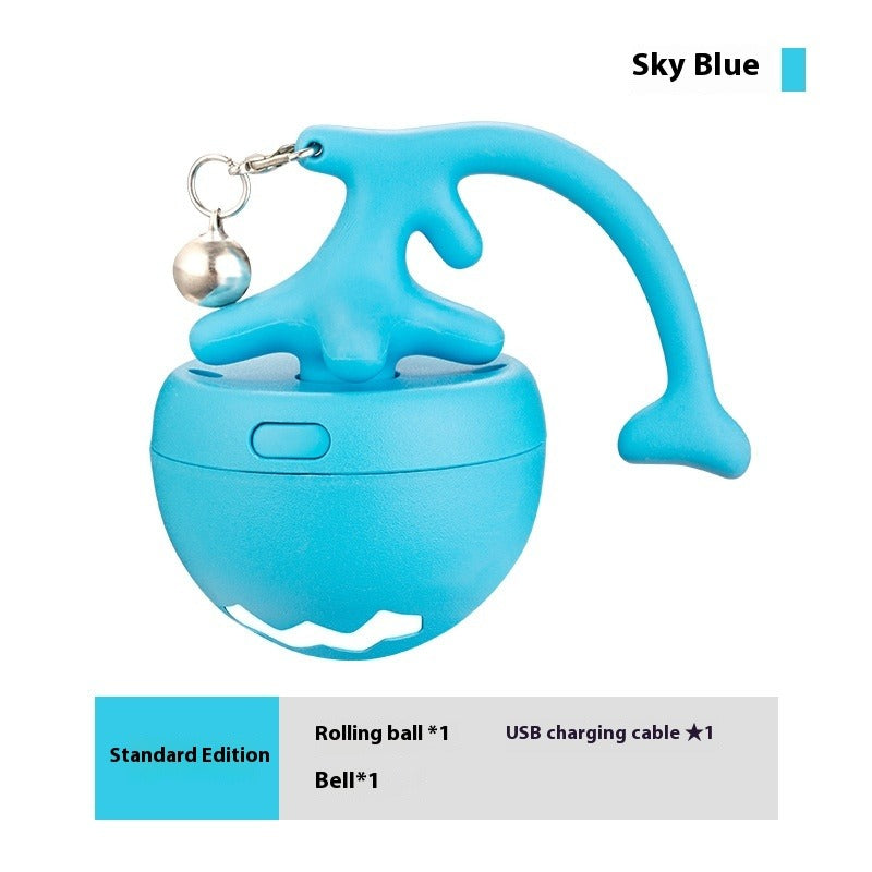 Blue Zoomie Ball with box contents: rolling ball, bell, USB charging cable