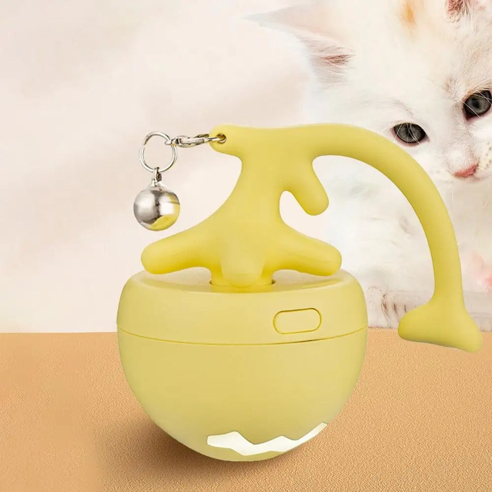 Yellow Zoomie Ball rolling cat toy with tail and bell